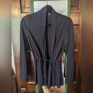 Eileen Fisher Draped Open Front Drawstring Waist Cardigan Jacket Navy Blue.